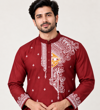 Men’s Durga Puja Special Maroon Madhubani Painting Kurta | Handcrafted Mithila Ethnic Wear