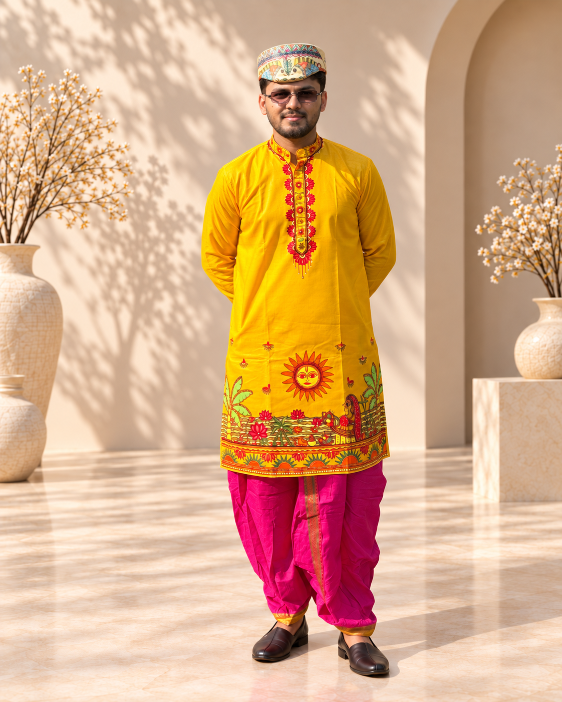 Men’s Chhath Puja Special Yellow Madhubani Painting Kurta | Traditional Mithila Ethnic Wear