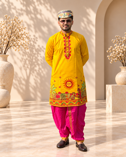 Men’s Chhath Puja Special Yellow Madhubani Painting Kurta | Traditional Mithila Ethnic Wear