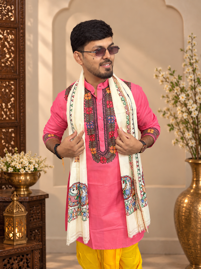 Handcrafted Madhubani Art Pink Kurta for Men | Traditional Mithila Ethnic Wear