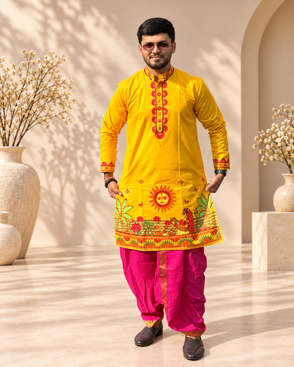 Men’s Chhath Puja Special Yellow Madhubani Painting Kurta | Traditional Mithila Ethnic Wear