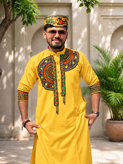 Complete Mithila Traditional Men’s Set – Madhubani Kurta, Pink Silk Dhoti Pant, Paag & Dopta