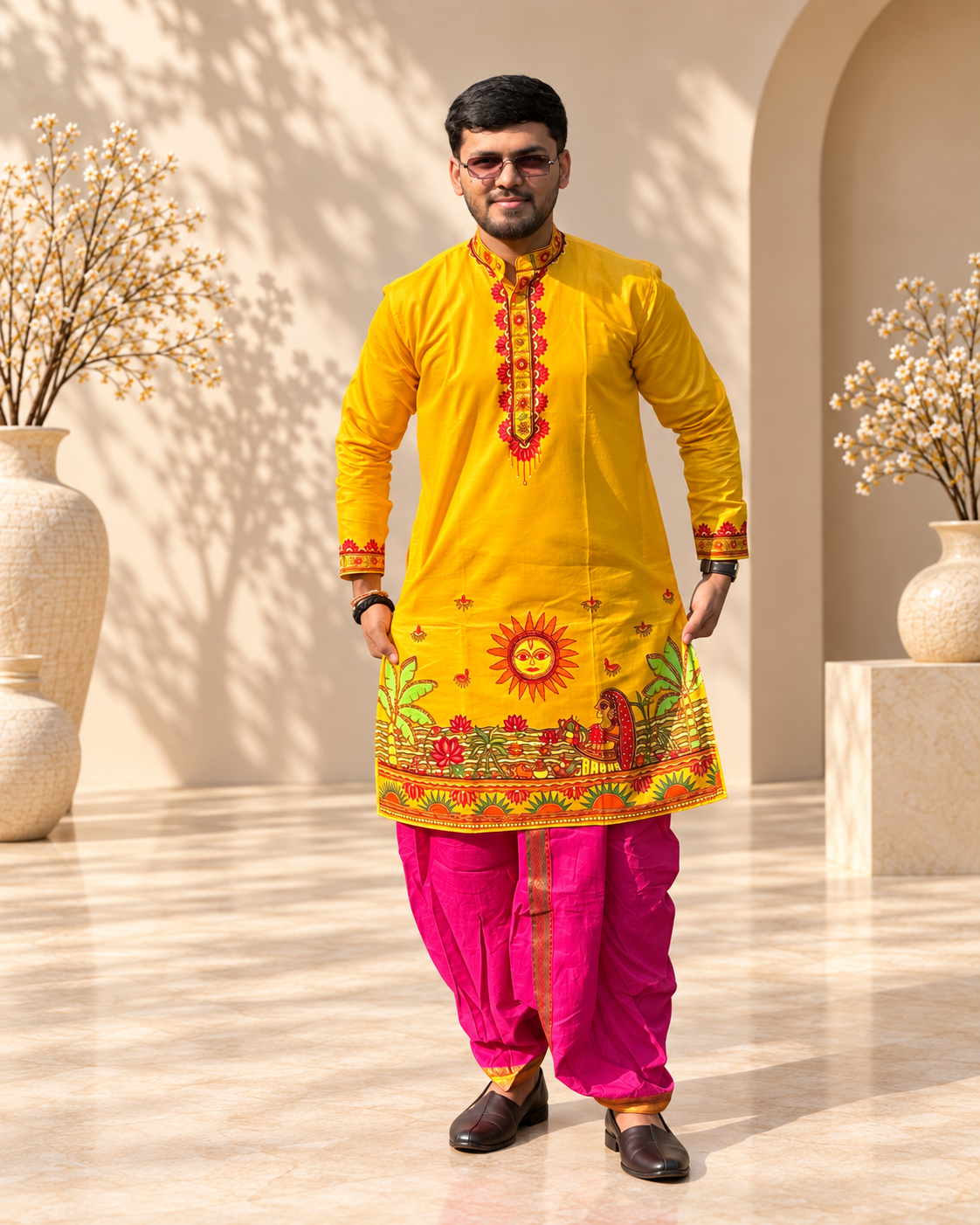 Men’s Chhath Puja Special Yellow Madhubani Painting Kurta | Traditional Mithila Ethnic Wear