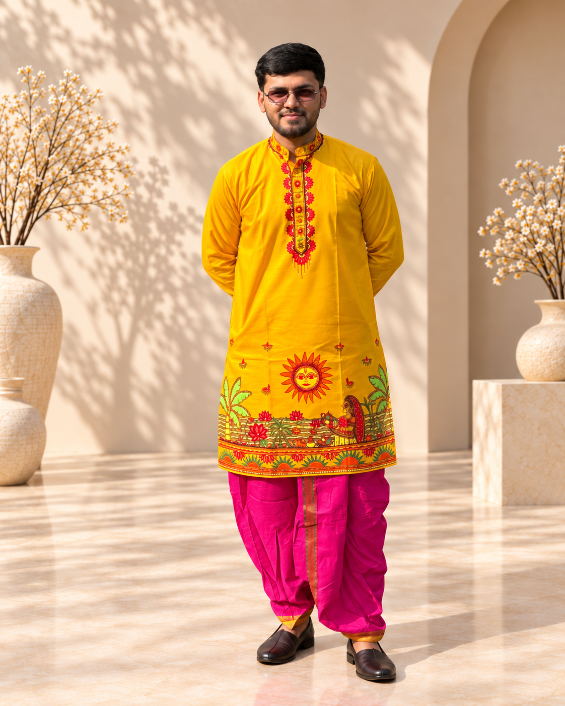 Men’s Chhath Puja Special Yellow Madhubani Painting Kurta | Traditional Mithila Ethnic Wear