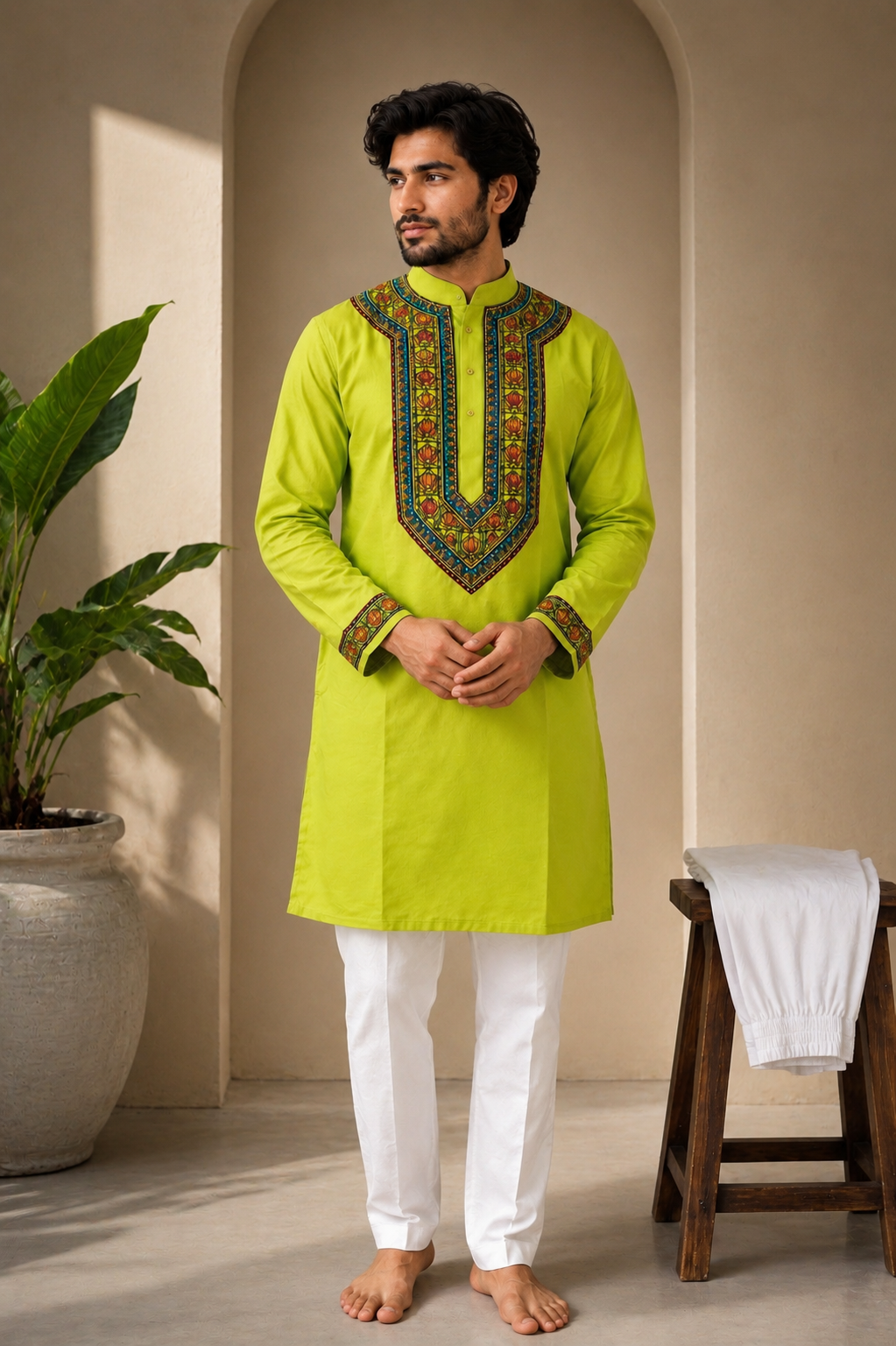 Lime Green Cotton Kurta with Handmade Mithila Painting