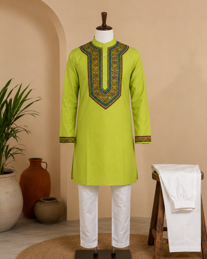 Lime Green Cotton Kurta with Handmade Mithila Painting