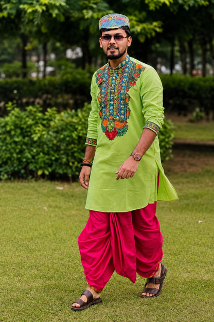 Men’s Complete Mithila Traditional Set – Parrot Green Madhubani Kurta, Silk Dhoti Pant or Pajama , Paag & Dopta