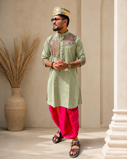Men’s Madhubani Painting Light Pista Green | Traditional Mithila Ethnic Wear