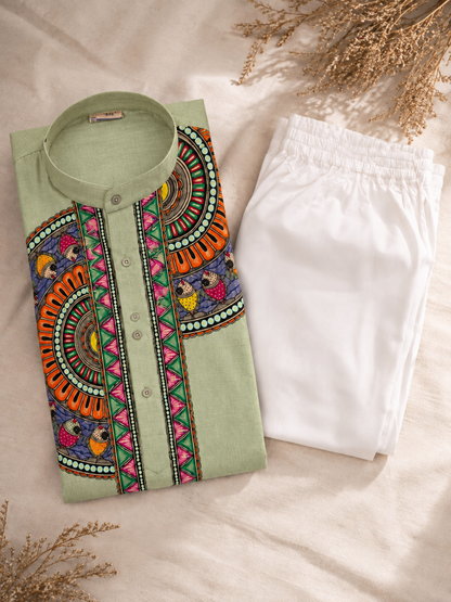 Men’s Madhubani Painting Light Pista Green | Traditional Mithila Ethnic Wear