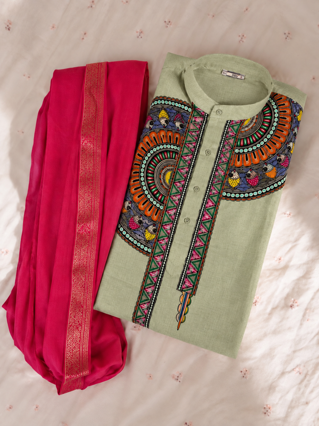 Men’s Madhubani Painting Light Pista Green | Traditional Mithila Ethnic Wear