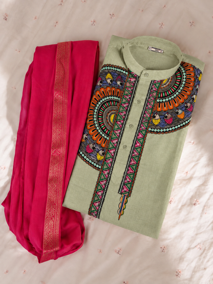 Men’s Madhubani Painting Light Pista Green | Traditional Mithila Ethnic Wear