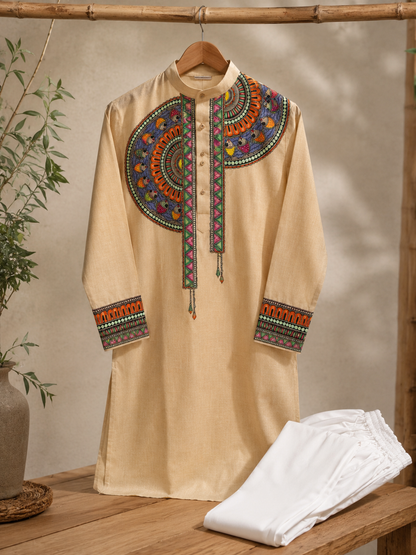 Handcrafted Madhubani Art Beige Kurta & Traditional Outfit Sets | Authentic Mithila Painting