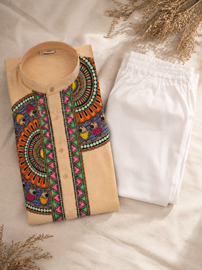 Handcrafted Madhubani Art Beige Kurta & Traditional Outfit Sets | Authentic Mithila Painting