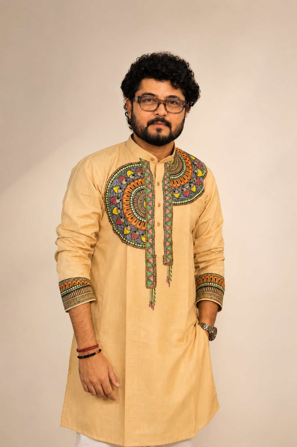 Men’s beige cotton kurta with hand-painted Mithila painting and traditional Madhubani artwork.
