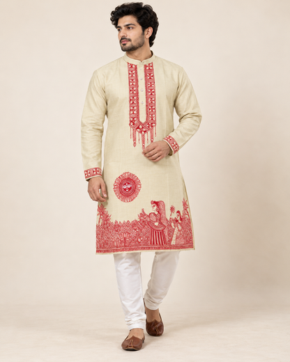 Men’s Chhath Puja Special Light Pista Madhubani Painting Kurta