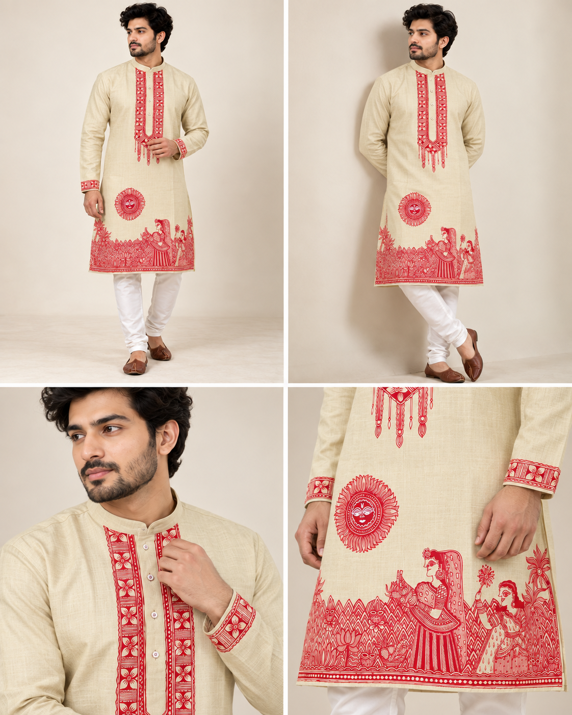 Men’s Chhath Puja Special Light Pista Madhubani Painting Kurta