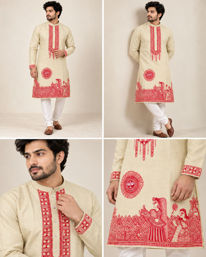 Men’s Chhath Puja Special Light Pista Madhubani Painting Kurta