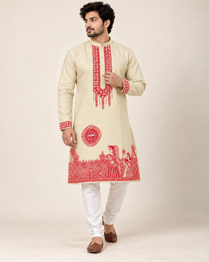 Men’s Chhath Puja Special Light Pista Madhubani Painting Kurta