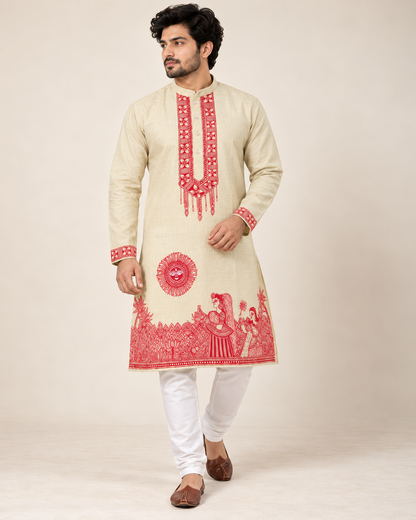 Men’s Chhath Puja Special Light Pista Madhubani Painting Kurta