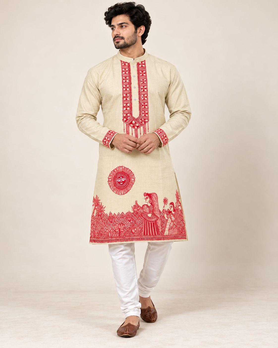 Men’s Chhath Puja Special Light Pista Madhubani Painting Kurta