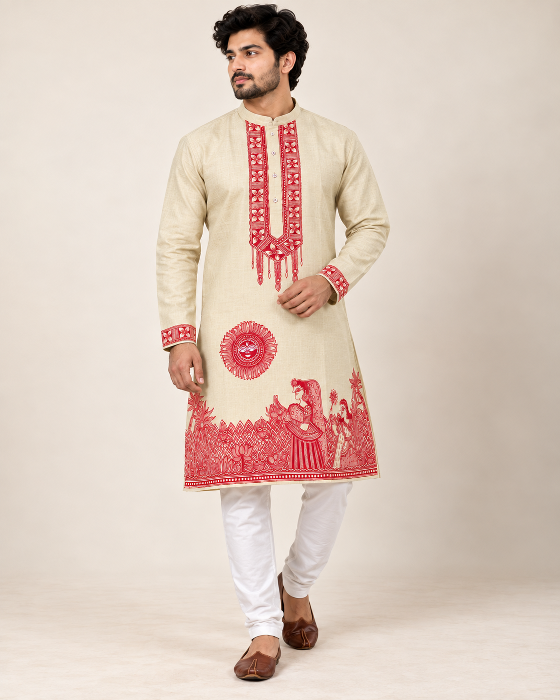 Men’s Chhath Puja Special Light Pista Green kurta with handmade red Mithila Madhubani painting