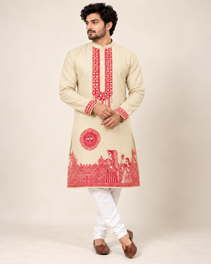 Handmade red Mithila Madhubani painting artwork on Light Pista Green men’s kurta
