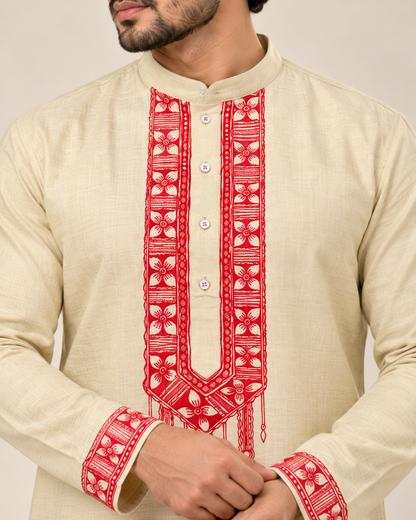 Light Pista Green men’s Chhath Puja kurta with red Madhubani painting on neckline and cuffs