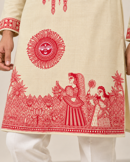Detailed red Chhath Puja Madhubani painting on Light Pista Green Mithila kurta for men