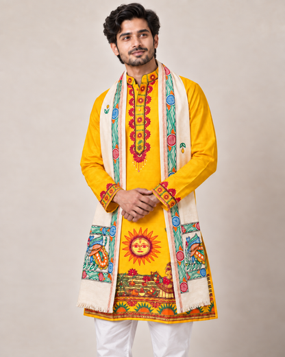 Men’s Chhath Puja Special Yellow Madhubani Painting Kurta | Traditional Mithila Ethnic Wear
