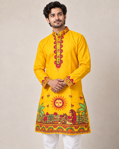 Men’s Chhath Puja Special Yellow Madhubani Painting Kurta | Traditional Mithila Ethnic Wear