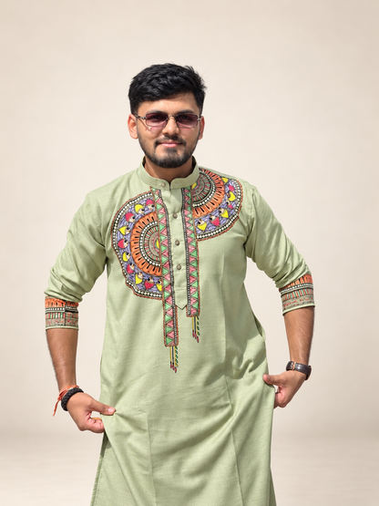 Men’s Madhubani Painting Light Pista Green | Traditional Mithila Ethnic Wear