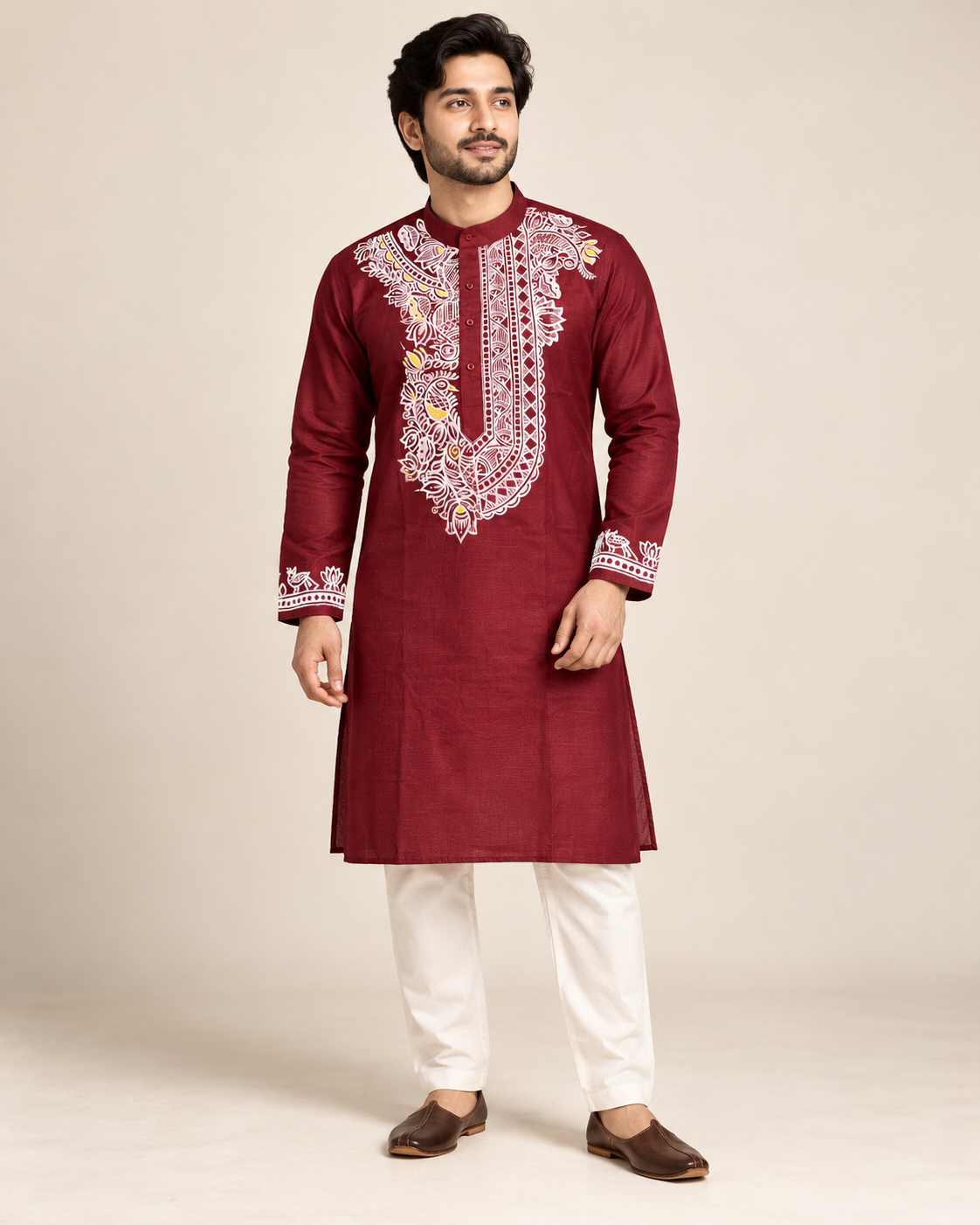 Men’s Maroon Madhubani Hand-Painted Kurta | Traditional Mithila Ethnic Wear