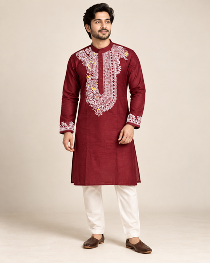 Men’s Maroon Madhubani Hand-Painted Kurta | Traditional Mithila Ethnic Wear
