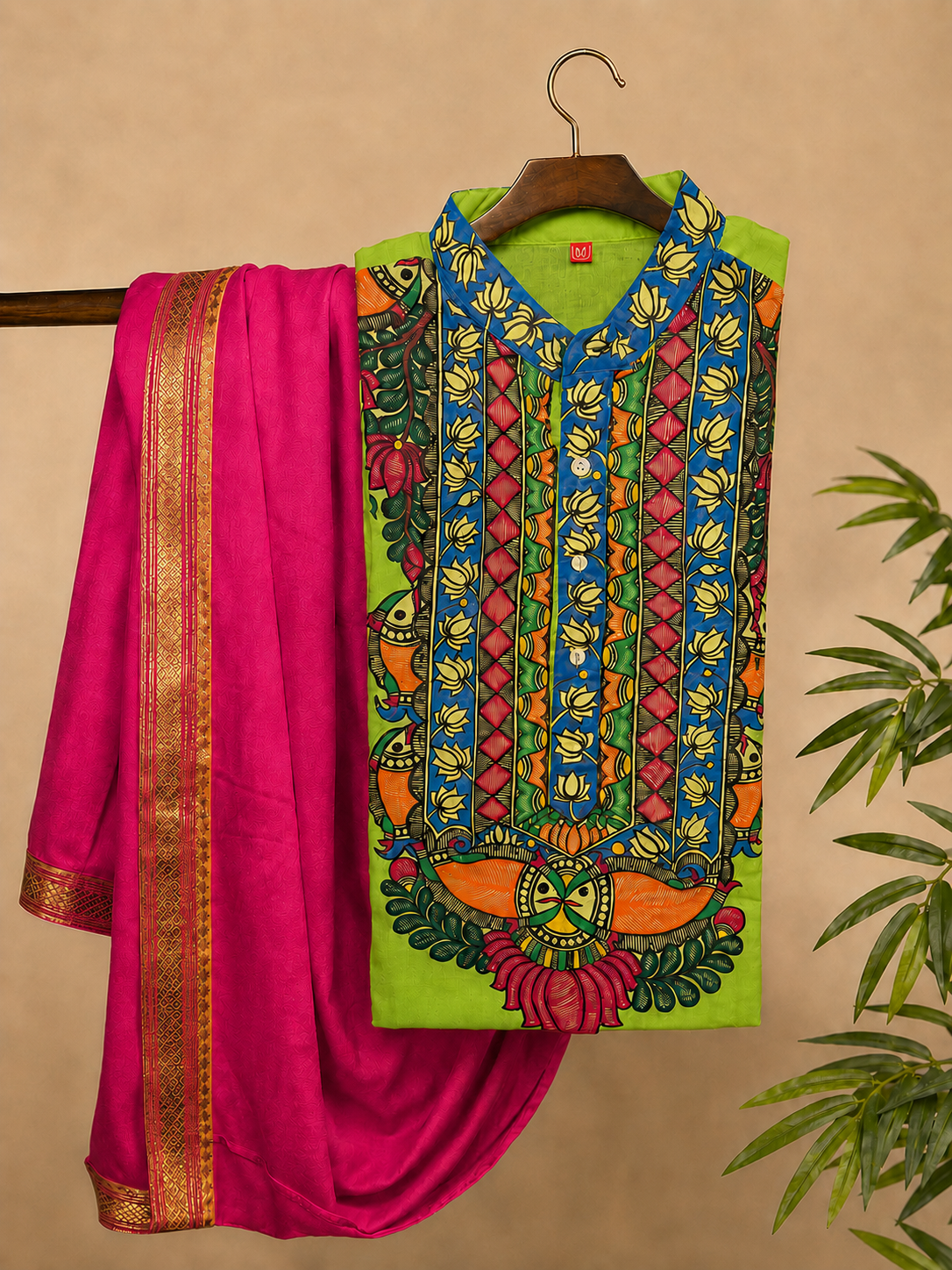 Men’s Complete Mithila Traditional Set – Parrot Green Madhubani Kurta, Silk Dhoti Pant or Pajama , Paag & Dopta
