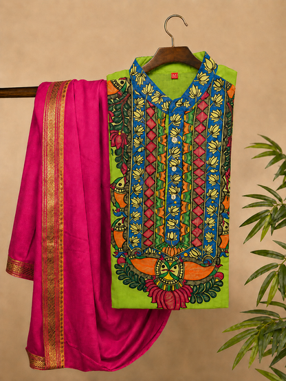Men’s Complete Mithila Traditional Set – Parrot Green Madhubani Kurta, Silk Dhoti Pant or Pajama , Paag & Dopta