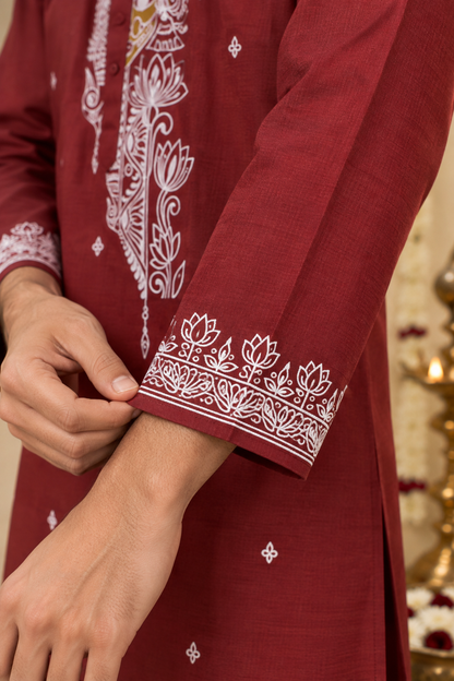 Men’s Durga Puja Special Maroon Madhubani Painting Kurta | Handcrafted Mithila Ethnic Wear