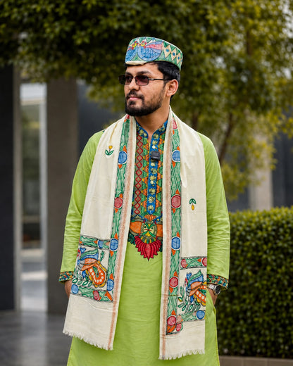 Men’s Complete Mithila Traditional Set – Parrot Green Madhubani Kurta, Silk Dhoti Pant or Pajama , Paag & Dopta