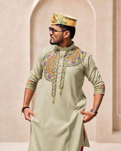 Complete Mithila Traditional Men’s Set – Madhubani Kurta, Pink Silk Dhoti Pant, Paag & Dopta