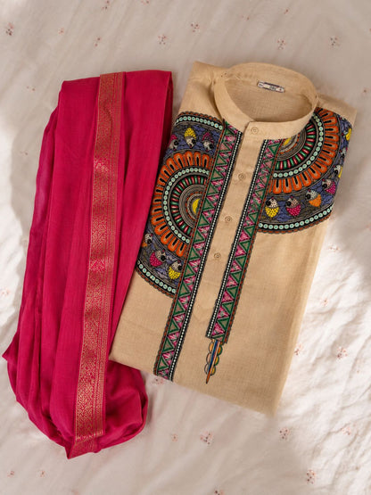 Complete Mithila Traditional Men’s Set – Madhubani Kurta, Pink Silk Dhoti Pant, Paag & Dopta