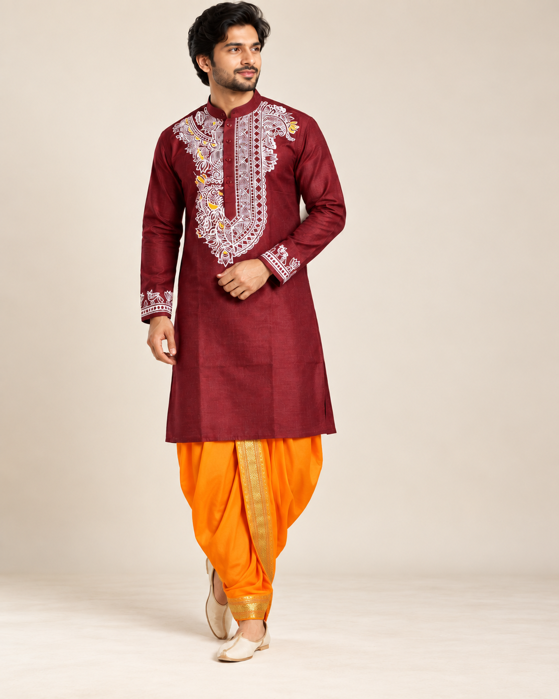 Men’s maroon Madhubani kurta with traditional orange dhoti – Mithila Wear
