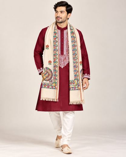 Men’s maroon Madhubani hand-painted kurta with white pajama – Mithila Wear