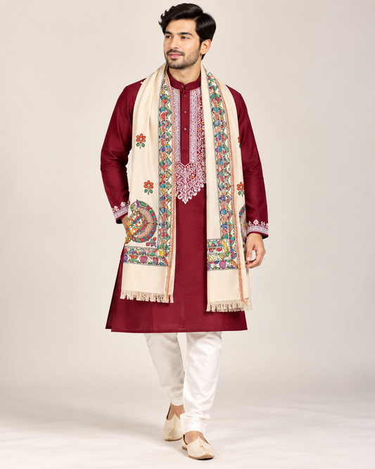 Men’s maroon Madhubani hand-painted kurta with white pajama – Mithila Wear